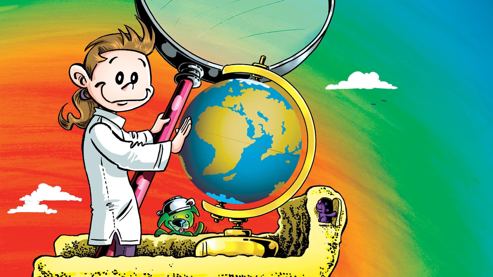 Illustrasjon av Jon-Niklas fra Rettighetsslottet som peker mot en stor globus og et forstørrelsesglass.